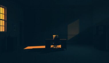 A dimly lit, cinematic government office with a lone desk and chair, the space bathed in warm, diagonal sunlight and deep shadows, conceptually representing the tense political climate between Iran and the US.