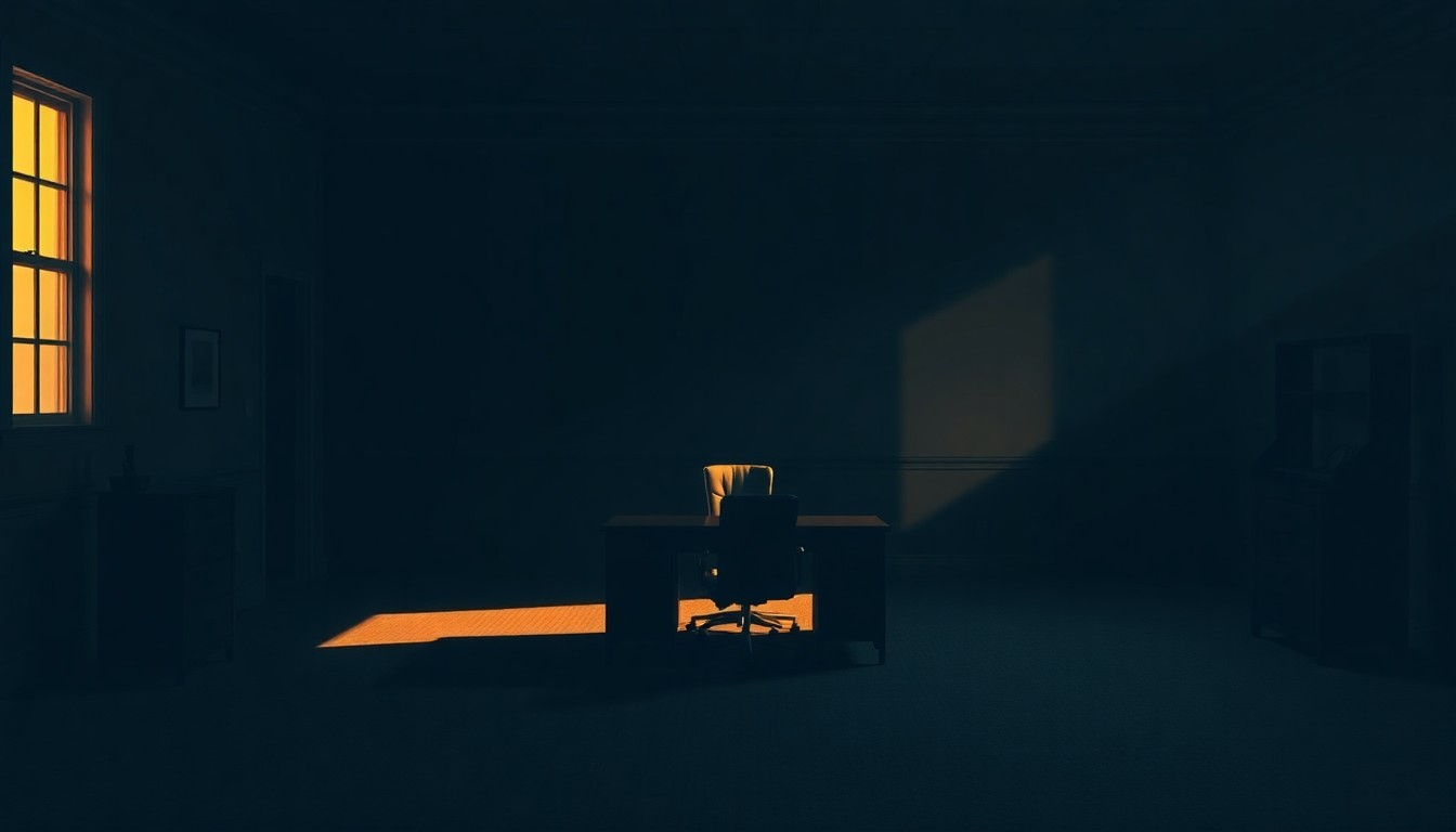 A dimly lit, cinematic government office with a lone desk and chair, the space bathed in warm, diagonal sunlight and deep shadows, conceptually representing the tense political climate between Iran and the US.