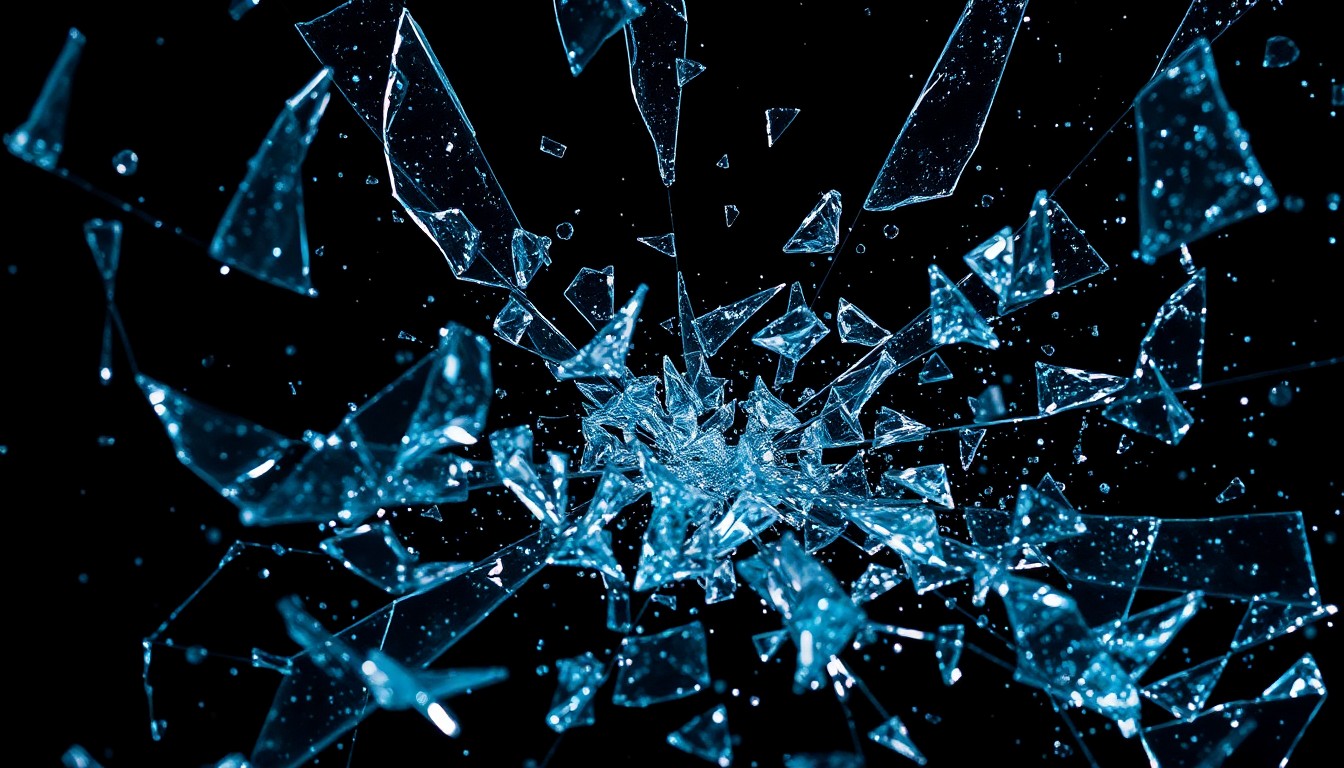 An extreme close-up of shattered glass and glittering shards in dramatic high-contrast studio lighting, conceptually representing the digital attacks and retaliation Lively faced after speaking up.