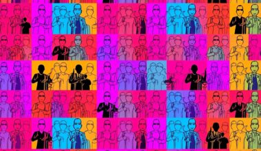 A brightly colored, high-contrast silkscreen print of a group of people in a community meeting setting, repeated in a tight grid pattern with vibrant neon colors and heavy black outlines, conceptually representing the diverse voices now shaping local decision-making in Queens neighborhoods.
