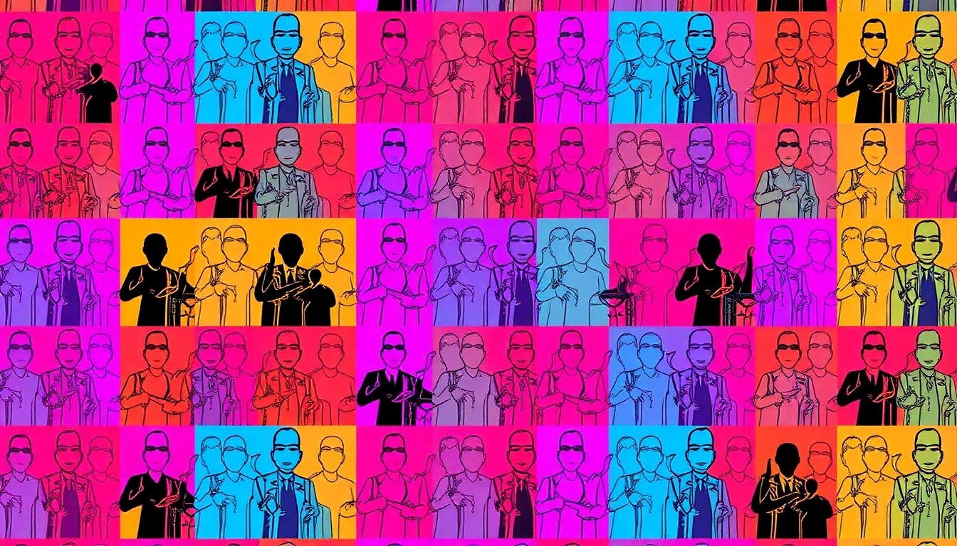 A brightly colored, high-contrast silkscreen print of a group of people in a community meeting setting, repeated in a tight grid pattern with vibrant neon colors and heavy black outlines, conceptually representing the diverse voices now shaping local decision-making in Queens neighborhoods.