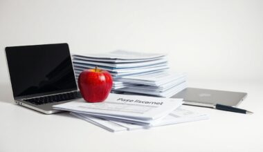 A clean, photorealistic studio still life featuring a stack of financial documents, a laptop computer, and a single red apple arranged on a plain white background, symbolizing the complex corporate governance issues at the heart of the Snowflake securities fraud case.