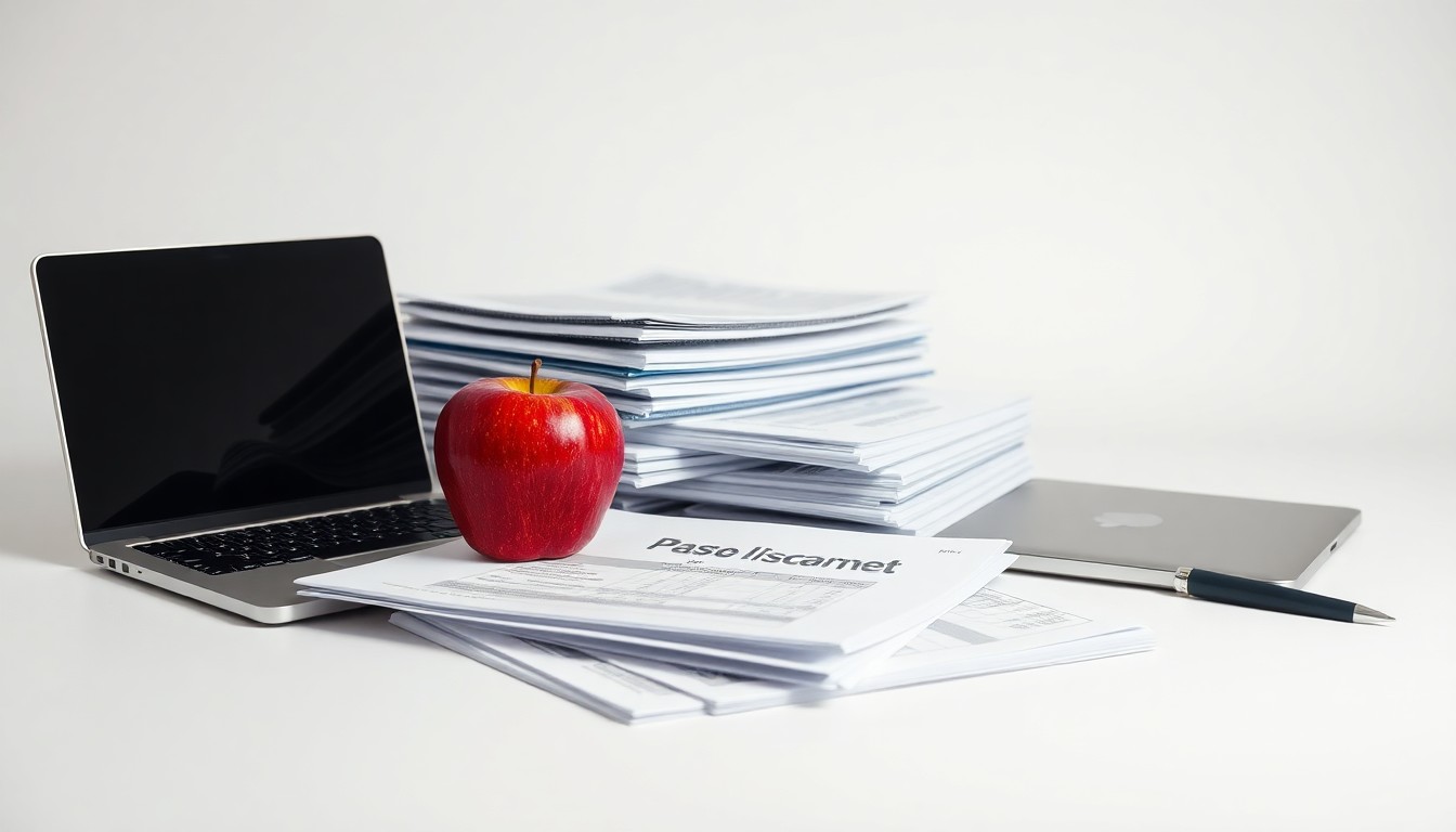 A clean, photorealistic studio still life featuring a stack of financial documents, a laptop computer, and a single red apple arranged on a plain white background, symbolizing the complex corporate governance issues at the heart of the Snowflake securities fraud case.
