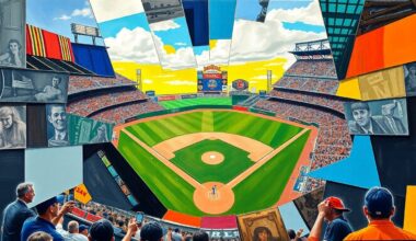 A fragmented, geometric painting depicting a baseball game in progress, with players and field elements broken down into sharp, overlapping shapes and planes of color.