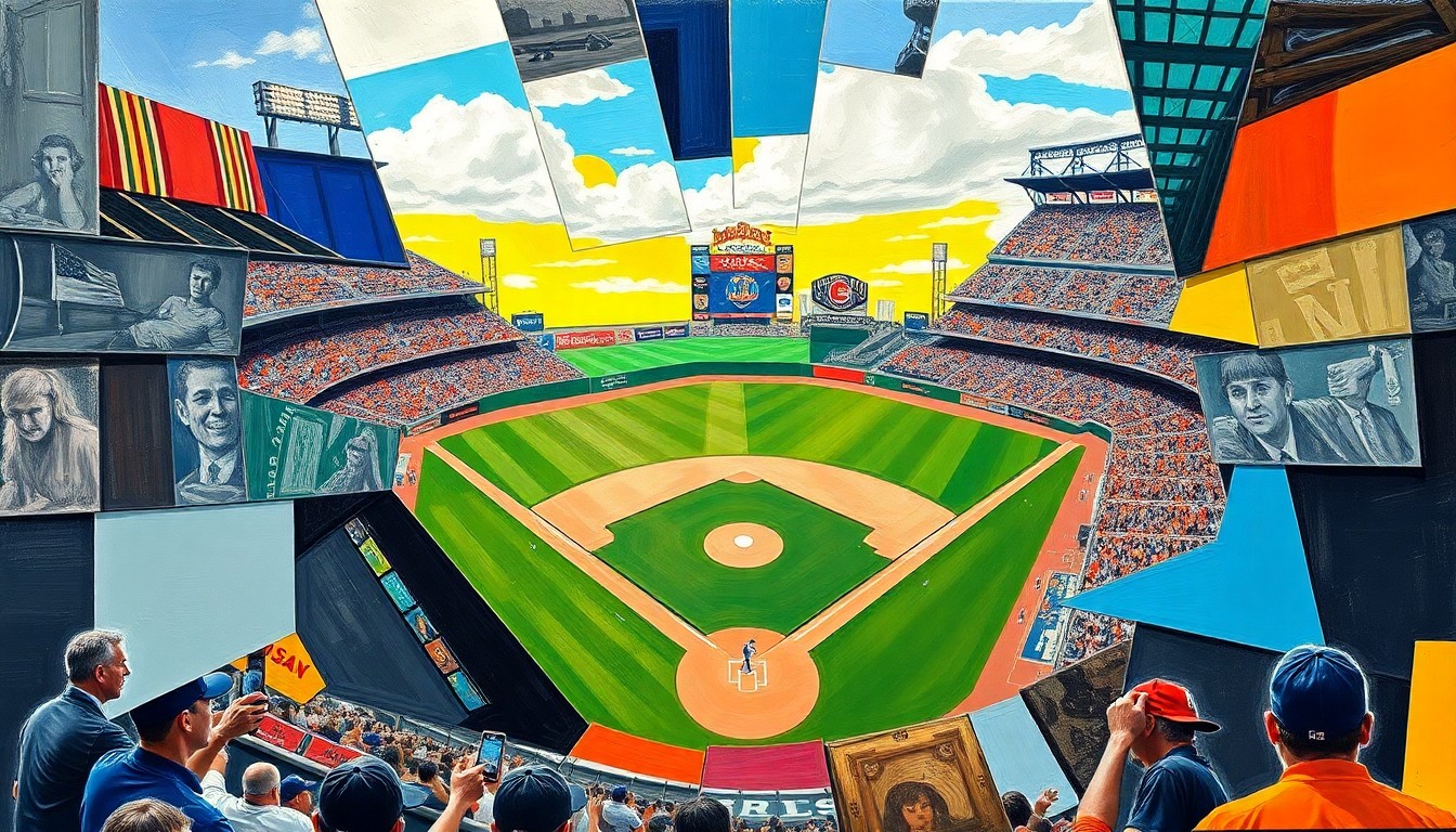 A fragmented, geometric painting depicting a baseball game in progress, with players and field elements broken down into sharp, overlapping shapes and planes of color.