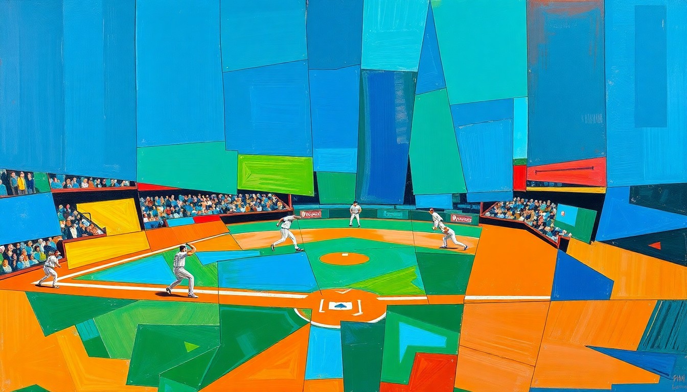 A fractured, cubist-style painting depicting the motion of a baseball pitcher, with sharp geometric shapes and planes in vibrant colors representing the complex and analytical approach to pitching that the Mets have embraced.