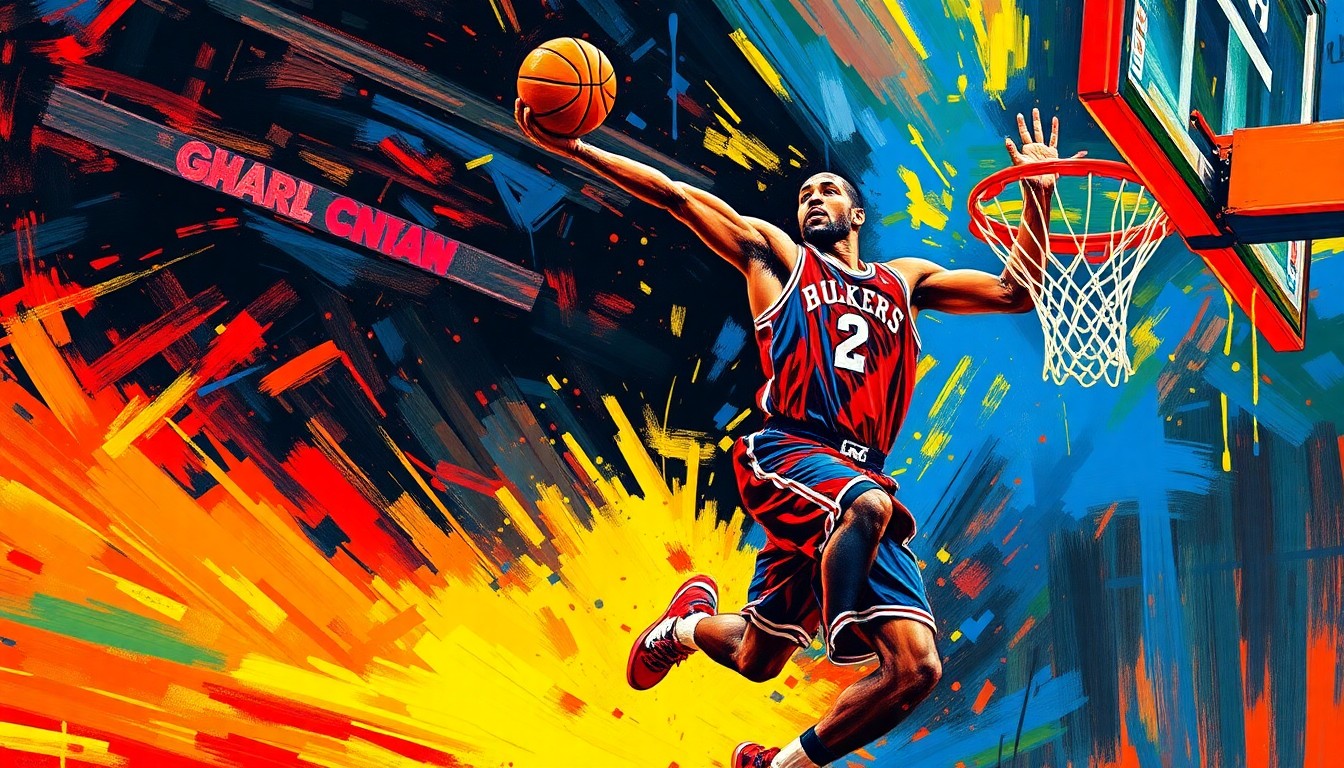 An abstract, energetic painting featuring bold, neon-colored brushstrokes that capture the dynamic movement and intensity of an NBA player driving to the basket, conceptually representing the impact of Jalen Duren