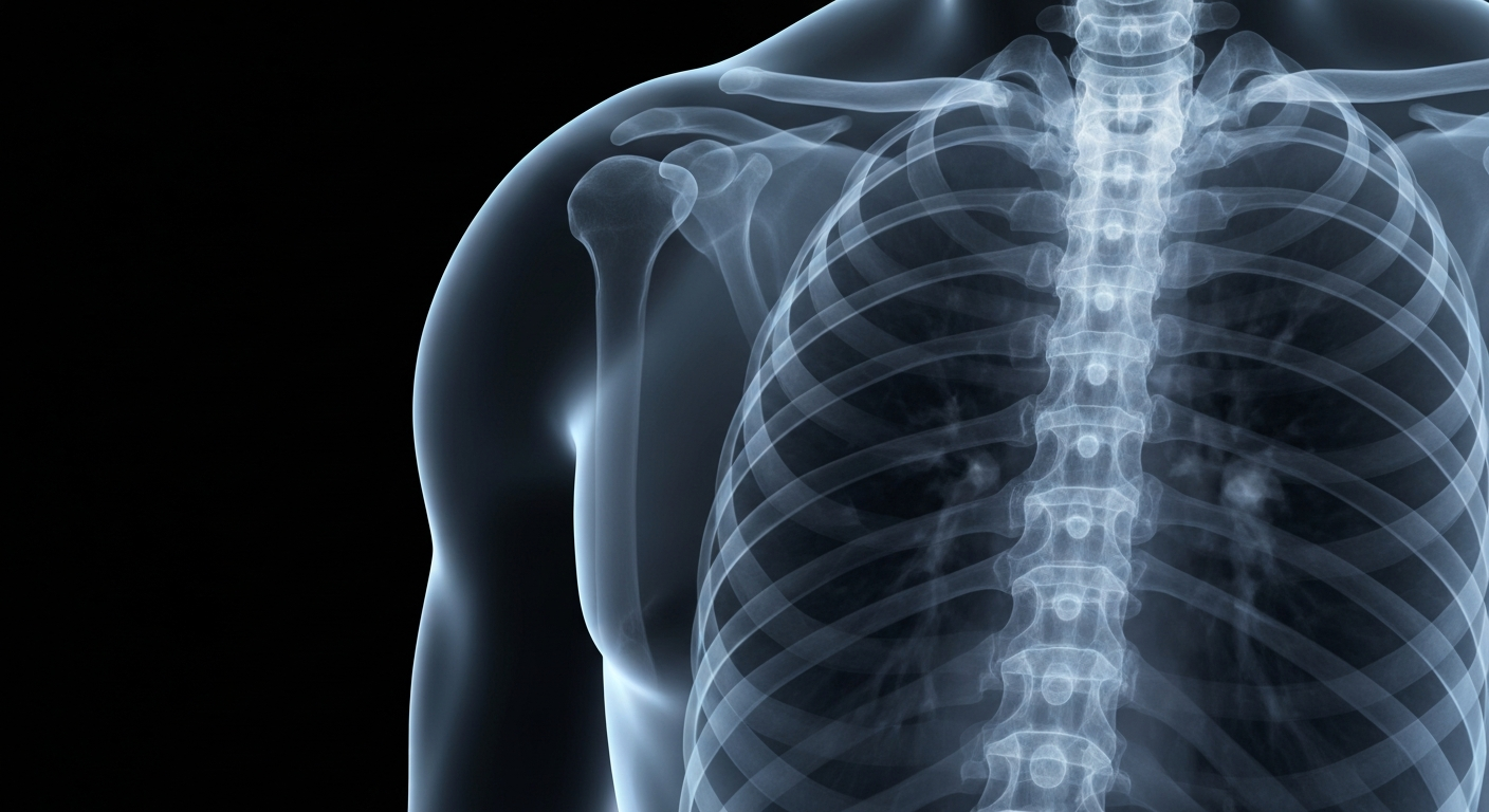 A ghostly, translucent X-ray image of a human chest, with the ribs and internal structures glowing faintly against a dark background, conceptually representing the automation of medical diagnosis using artificial intelligence.