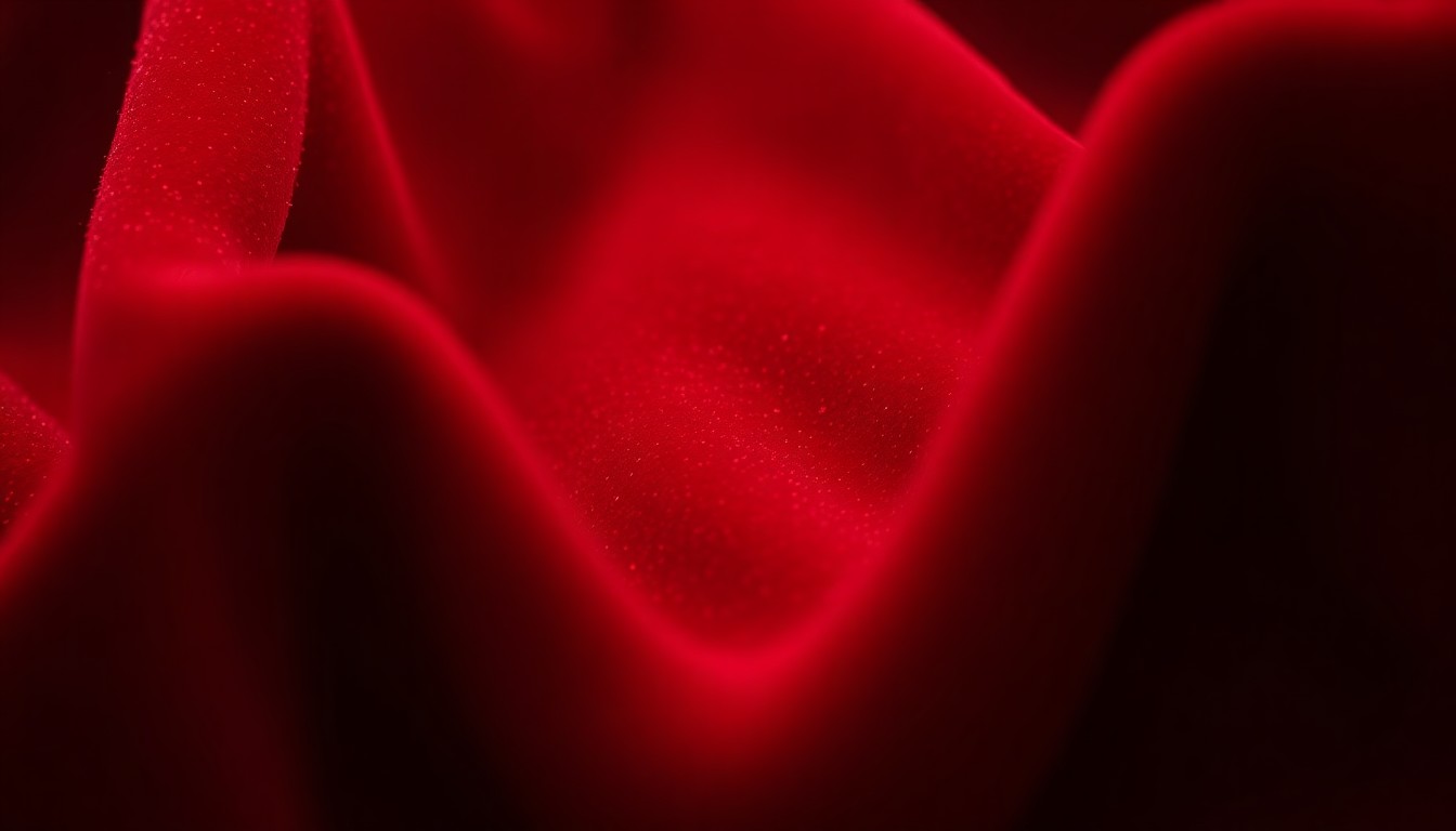 An extreme close-up photograph of a rich, velvety red fabric with dramatic shadows and highlights, conveying the luxurious yet precarious nature of live television fashion.