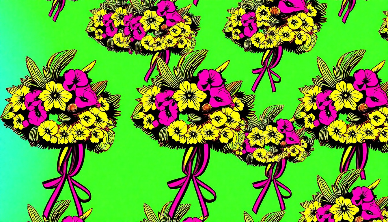 A grid of boldly colored, stylized Easter bonnets in neon shades of pink, yellow, and blue, conceptually representing the creative energy and fashion flair of the annual New York City parade.