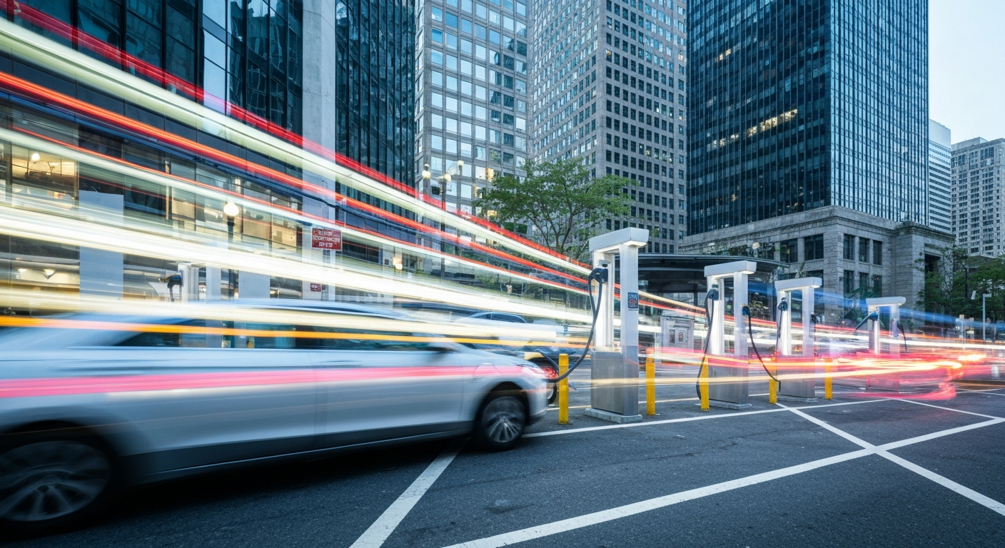 A dynamic, abstract color photograph with sweeping, blurred brushstrokes of vibrant hues representing the motion and energy of electric vehicles charging at a public station in New York City.
