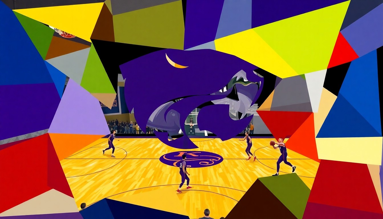 A cubist-style painting featuring overlapping geometric shapes in the team colors of Kansas State and their opponent, conceptually representing the multifaceted nature of a player