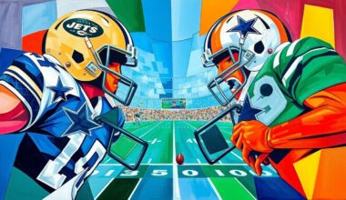 A cubist, geometric painting depicting the overlapping planes and angles of a football game or NFL draft selection, using the vibrant colors of the Jets and Cowboys team uniforms.