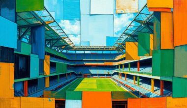 A fractured, cubist-style painting depicting the construction of a new sports stadium, with sharp, overlapping geometric shapes in vibrant blues, greens, and oranges conveying the dynamic energy and multifaceted nature of the project.