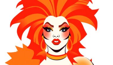 An abstract, minimalist illustration featuring bold, jagged shapes in vibrant shades of red, orange, and yellow, capturing the dynamic energy and performance style of a Latinx drag queen.