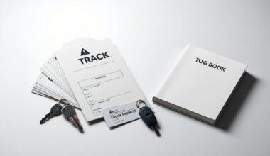 A high-end, photorealistic studio still-life photograph featuring a stack of truck parking permits, a set of truck keys, and a truck driver