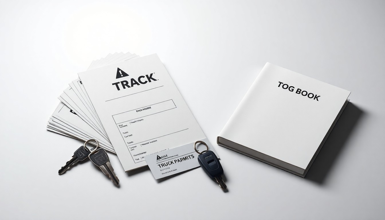 A high-end, photorealistic studio still-life photograph featuring a stack of truck parking permits, a set of truck keys, and a truck driver