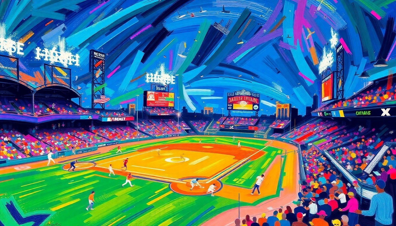 An abstract, expressionist painting in neon colors depicting the dynamic energy and motion of a minor league baseball game, with players and fans blending into a vibrant, textured scene.