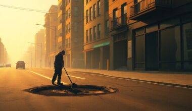 A detailed oil painting depicting a lone city worker in a reflective vest kneeling down to fill a pothole on an empty city street, with warm sunlight casting long shadows across the pavement.