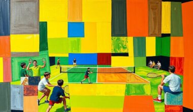 A cubist, geometric painting depicting a high school tennis match, with overlapping planes of bright blue, red, and yellow representing the dynamic action on the court.
