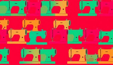 A brightly colored, high-contrast silkscreen print featuring a sewing machine repeated in a tight grid pattern, with flat, unnatural neon colors and heavy black outlines, conceptually representing the enduring importance of the tailoring profession.