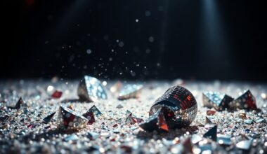 An extreme close-up of shimmering sequins and shattered glass reflecting dramatic studio lighting, evoking the glitz and excitement of a major awards show.