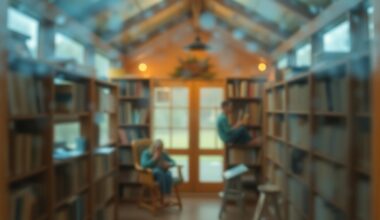 An impressionistic, out-of-focus scene depicting the warm, cozy atmosphere of a reading shed, with blurred shelves of books and soft natural light filtering through a window.