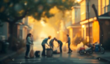An impressionistic, out-of-focus scene of people working together to clean up a neighborhood street, with soft pools of warm light and color creating a hazy, atmospheric mood.
