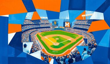 A cubist, geometric painting depicting a Mets baseball game, with sharp, overlapping planes of royal blue, orange, and white capturing the dynamic action on the field.