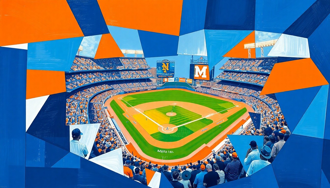 A cubist, geometric painting depicting a Mets baseball game, with sharp, overlapping planes of royal blue, orange, and white capturing the dynamic action on the field.