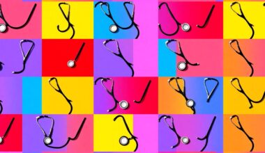A highly stylized, repeating pattern of a veterinary stethoscope in bright neon colors, conceptually representing the importance of veterinary education and medical care.