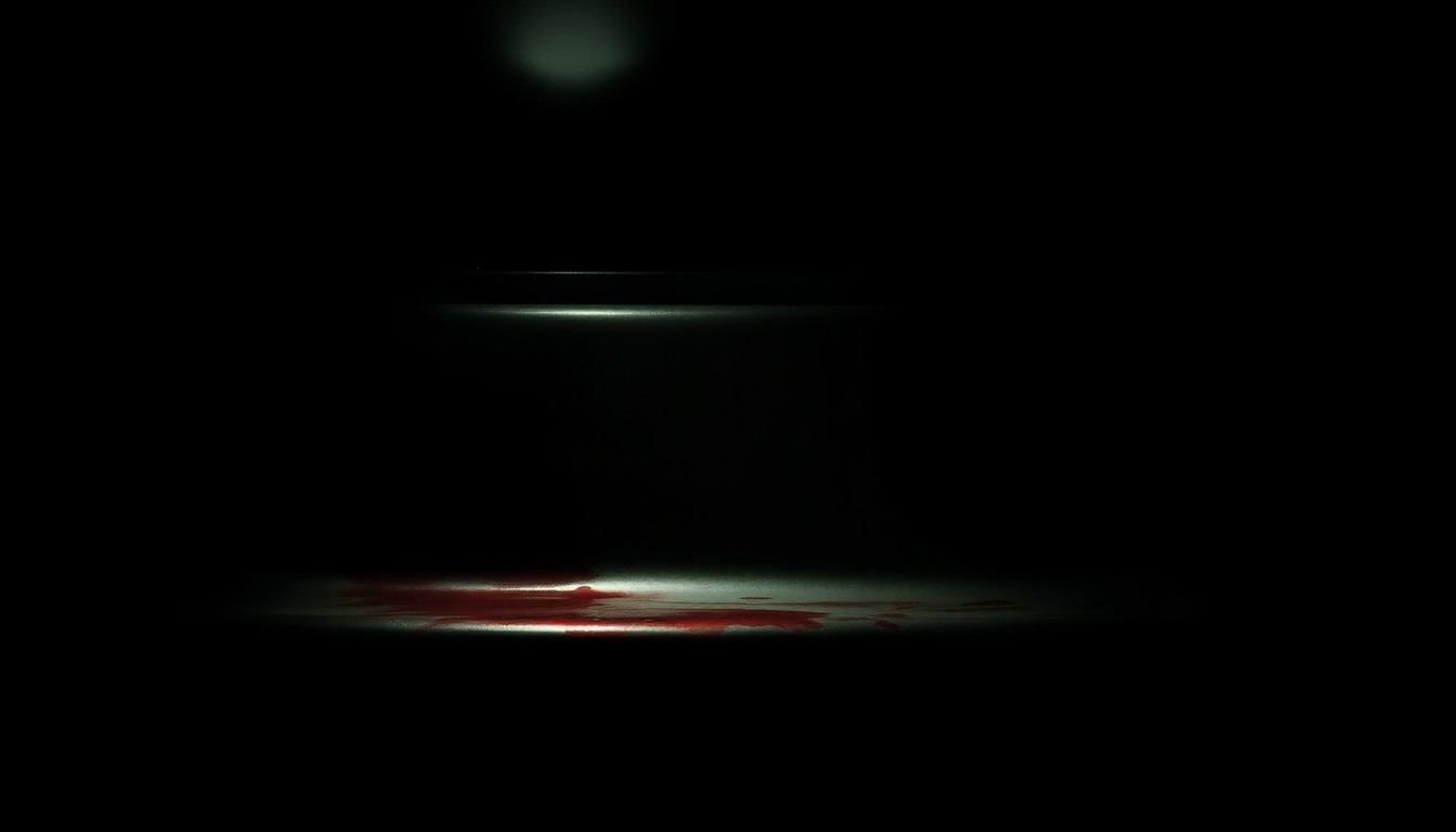 An extreme close-up photograph of a bloodied subway seat, the harsh flash illuminating the gritty details and creating a stark, investigative mood without words.