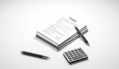 A minimalist studio still life featuring a stack of financial documents, a pen, and a calculator arranged elegantly on a clean, monochromatic background, conceptually representing the tension between corporate strategy and municipal tax policies.
