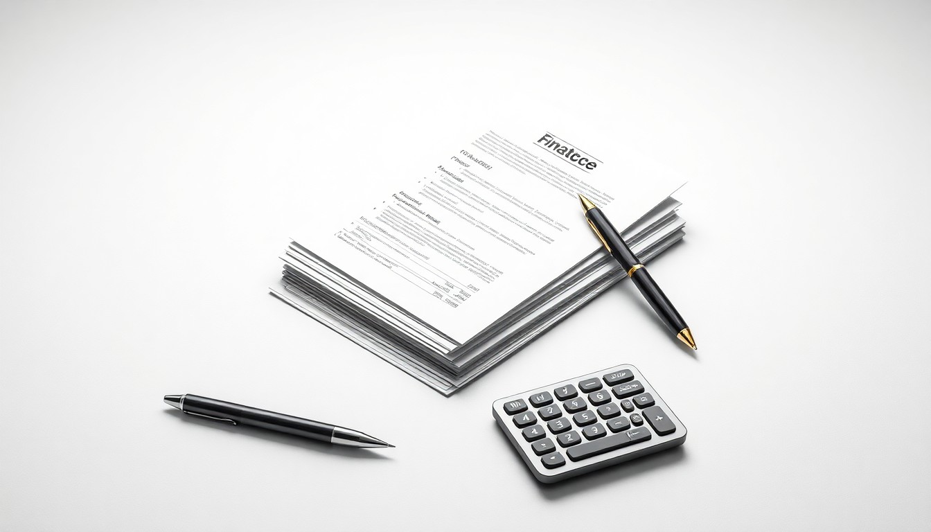A minimalist studio still life featuring a stack of financial documents, a pen, and a calculator arranged elegantly on a clean, monochromatic background, conceptually representing the tension between corporate strategy and municipal tax policies.