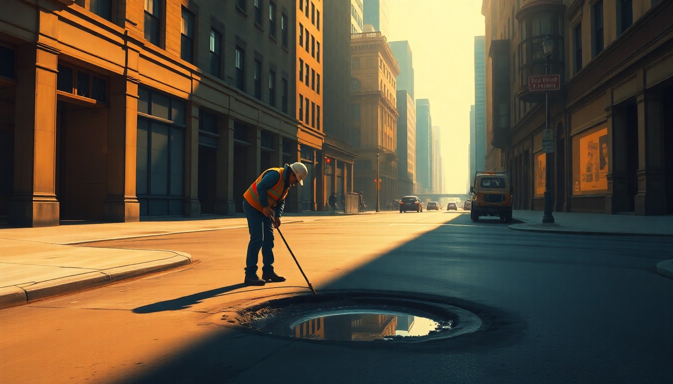 A cinematic painting of a lone construction worker in a reflective vest filling a pothole on a city street, the scene bathed in warm, diagonal sunlight and deep shadows, conceptually illustrating the administration