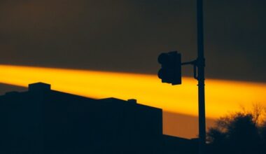 A serene, cinematic painting of a lone New York City street lamp or traffic signal, bathed in warm, golden sunlight and deep shadows, capturing the administration