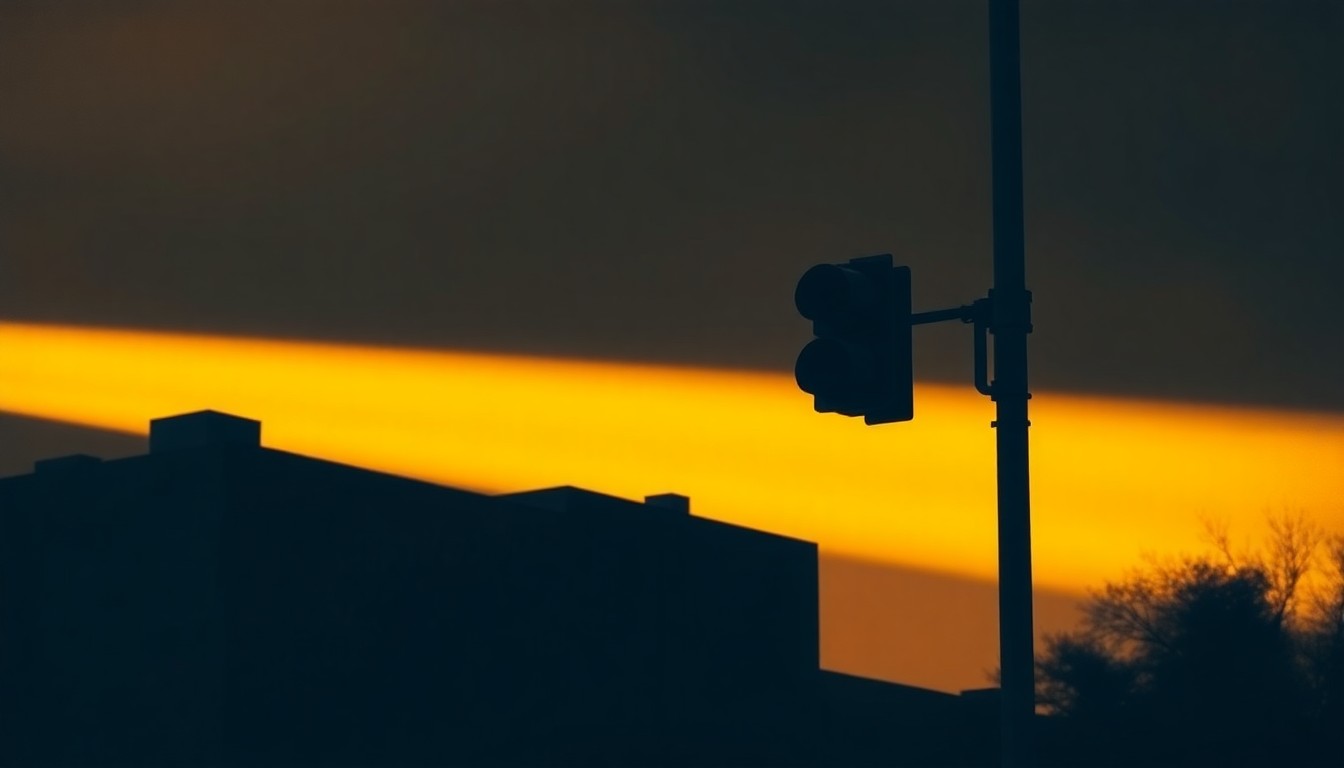 A serene, cinematic painting of a lone New York City street lamp or traffic signal, bathed in warm, golden sunlight and deep shadows, capturing the administration