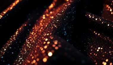 An extreme close-up photograph of a shimmering, high-contrast fabric texture like sequins or velvet, capturing the luxurious and vibrant atmosphere of a film set through abstract, high-fashion imagery.