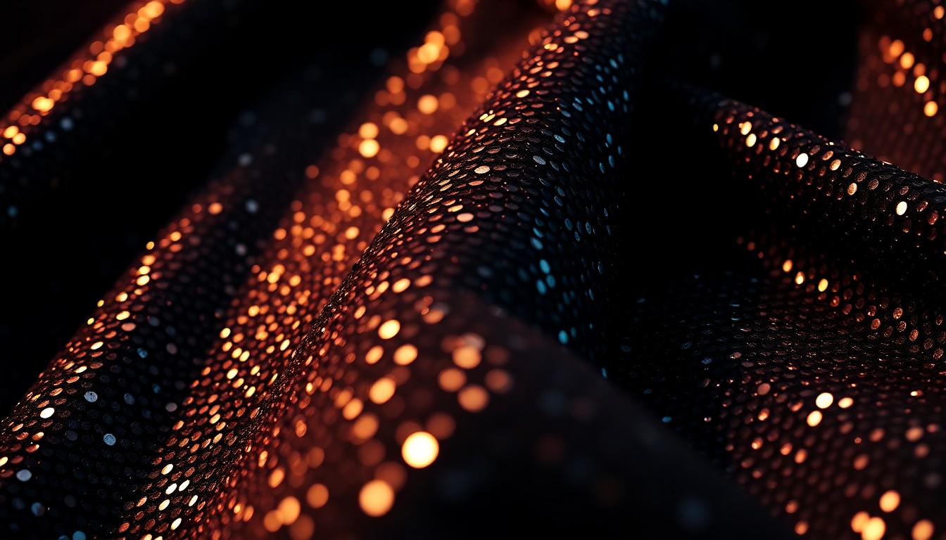 An extreme close-up photograph of a shimmering, high-contrast fabric texture like sequins or velvet, capturing the luxurious and vibrant atmosphere of a film set through abstract, high-fashion imagery.