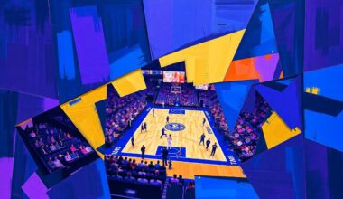 A cubist-style painting depicting a fragmented, geometric basketball game scene in shades of blue, purple, and gold, conveying the strategic nature of college basketball roster building.