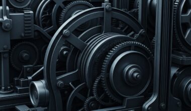 A cinematic close-up of heavy, industrial banking machinery in shades of grey, blue, and black, conveying a sense of financial security and institutional power without using literal currency or charts.