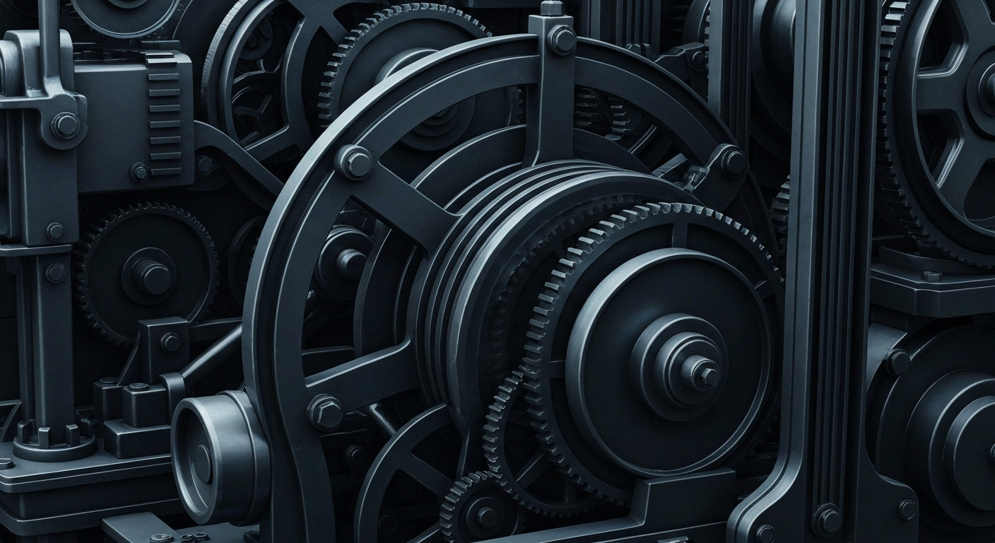 A cinematic close-up of heavy, industrial banking machinery in shades of grey, blue, and black, conveying a sense of financial security and institutional power without using literal currency or charts.