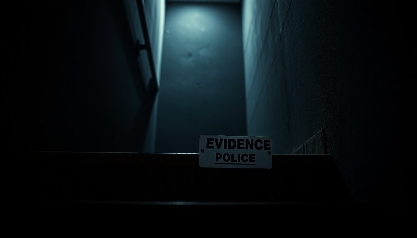 An extreme close-up photograph of a police evidence marker on a concrete stairwell, capturing the stark, gritty, investigative mood of the crime scene.