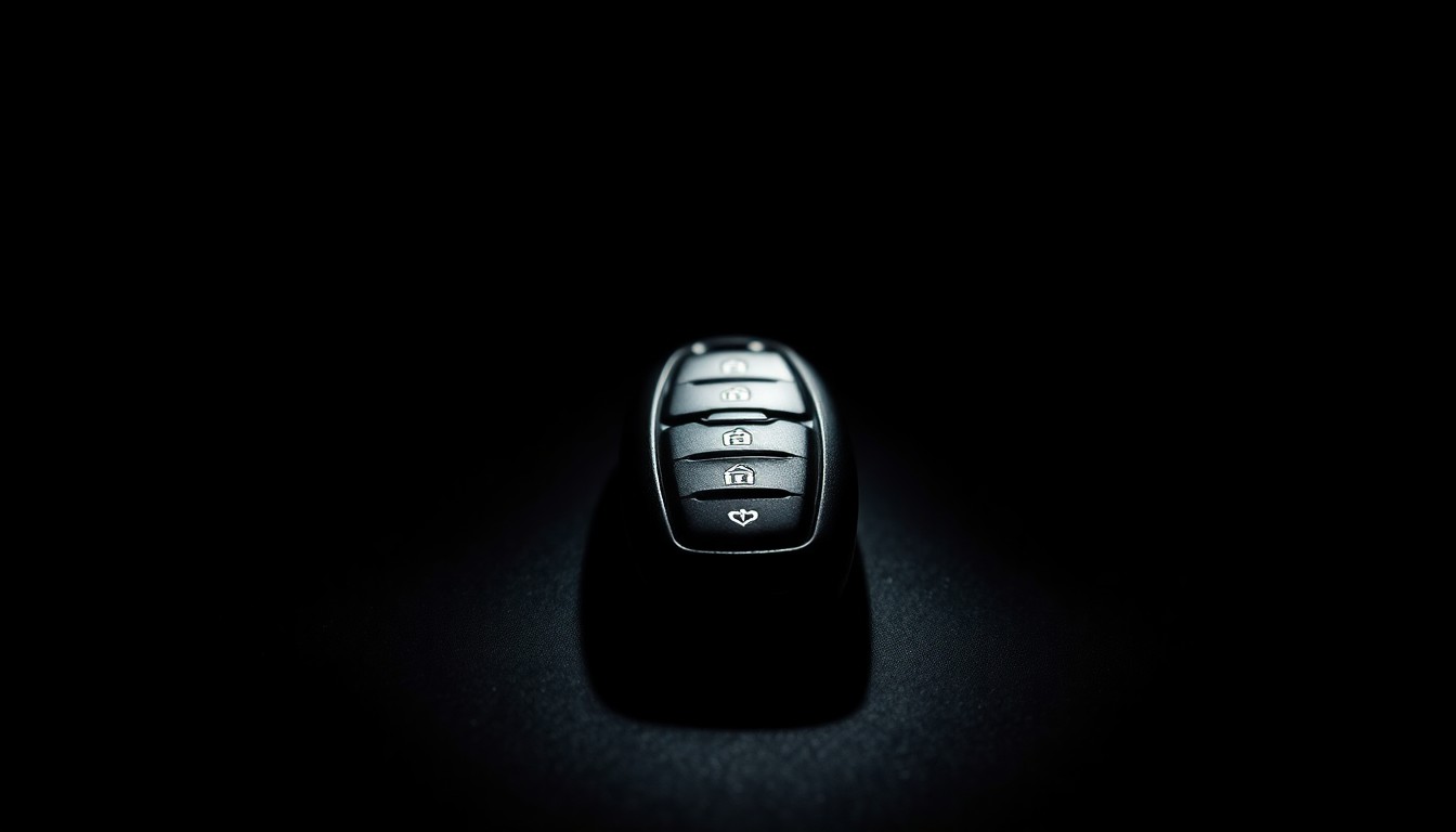 An extreme close-up of a car key fob against a dark background, conceptually illustrating the investigation into a stolen vehicle case.