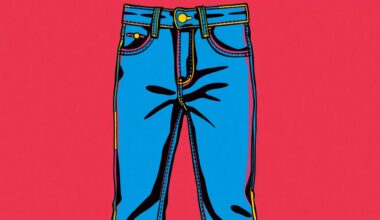 A bold, colorful silkscreen print featuring a repeating grid pattern of a single iconic denim jean, rendered in a vibrant neon color palette with heavy black photographic outlines, capturing the high-fashion transformation of the everyday clothing item.