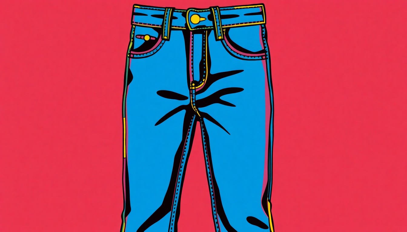 A bold, colorful silkscreen print featuring a repeating grid pattern of a single iconic denim jean, rendered in a vibrant neon color palette with heavy black photographic outlines, capturing the high-fashion transformation of the everyday clothing item.