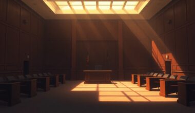 A serene, photorealistic painting of an empty courtroom interior with a lone judge