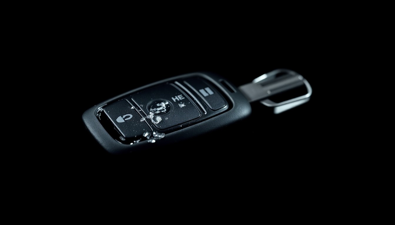 An extreme close-up photograph of a damaged car key fob reflecting a bright flash of light, conceptually representing the aftermath of a vehicle theft incident.