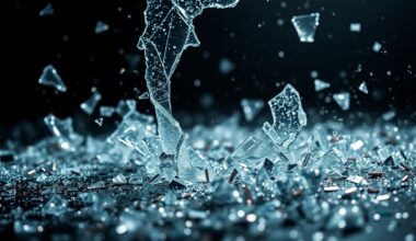An abstract close-up photograph featuring shattered glass and glittering sequins in dramatic high-contrast lighting, conceptually representing the gritty rise and global success of a musical icon.