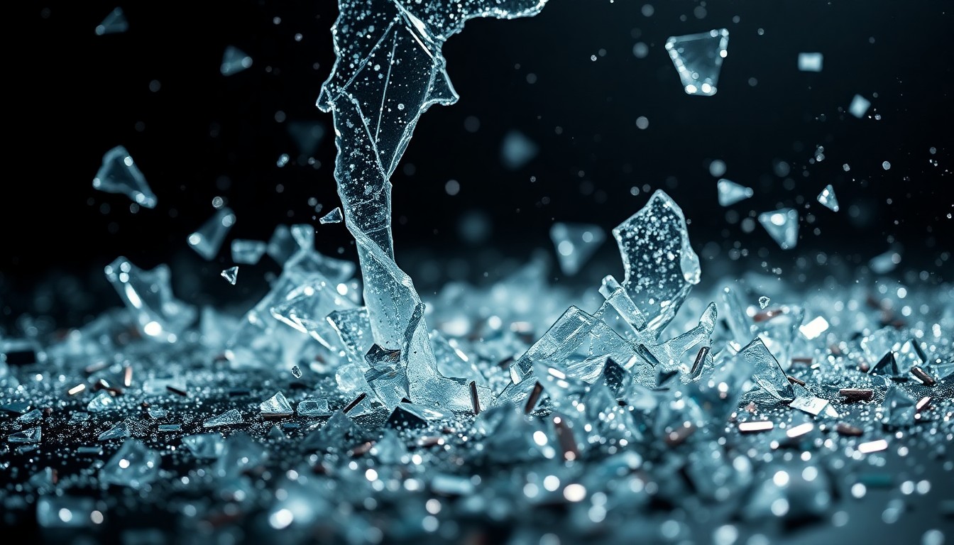 An abstract close-up photograph featuring shattered glass and glittering sequins in dramatic high-contrast lighting, conceptually representing the gritty rise and global success of a musical icon.